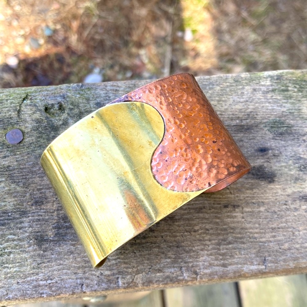 BRACELET Handmade Vintage Cuff Brutalist Mexico Copper Brass Mixed Metals - Picture 2 of 14